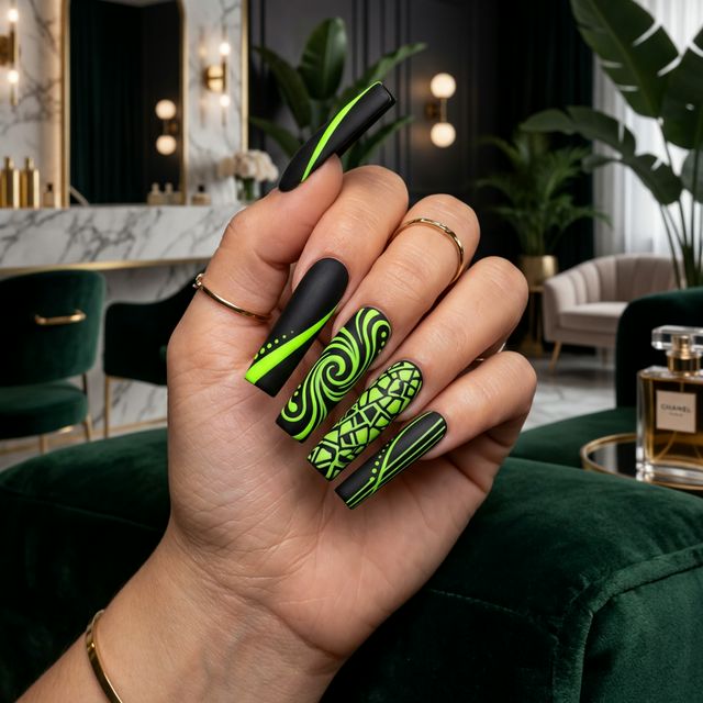 Creative Neon Lime Nail Art - Arianna Nails Gallery